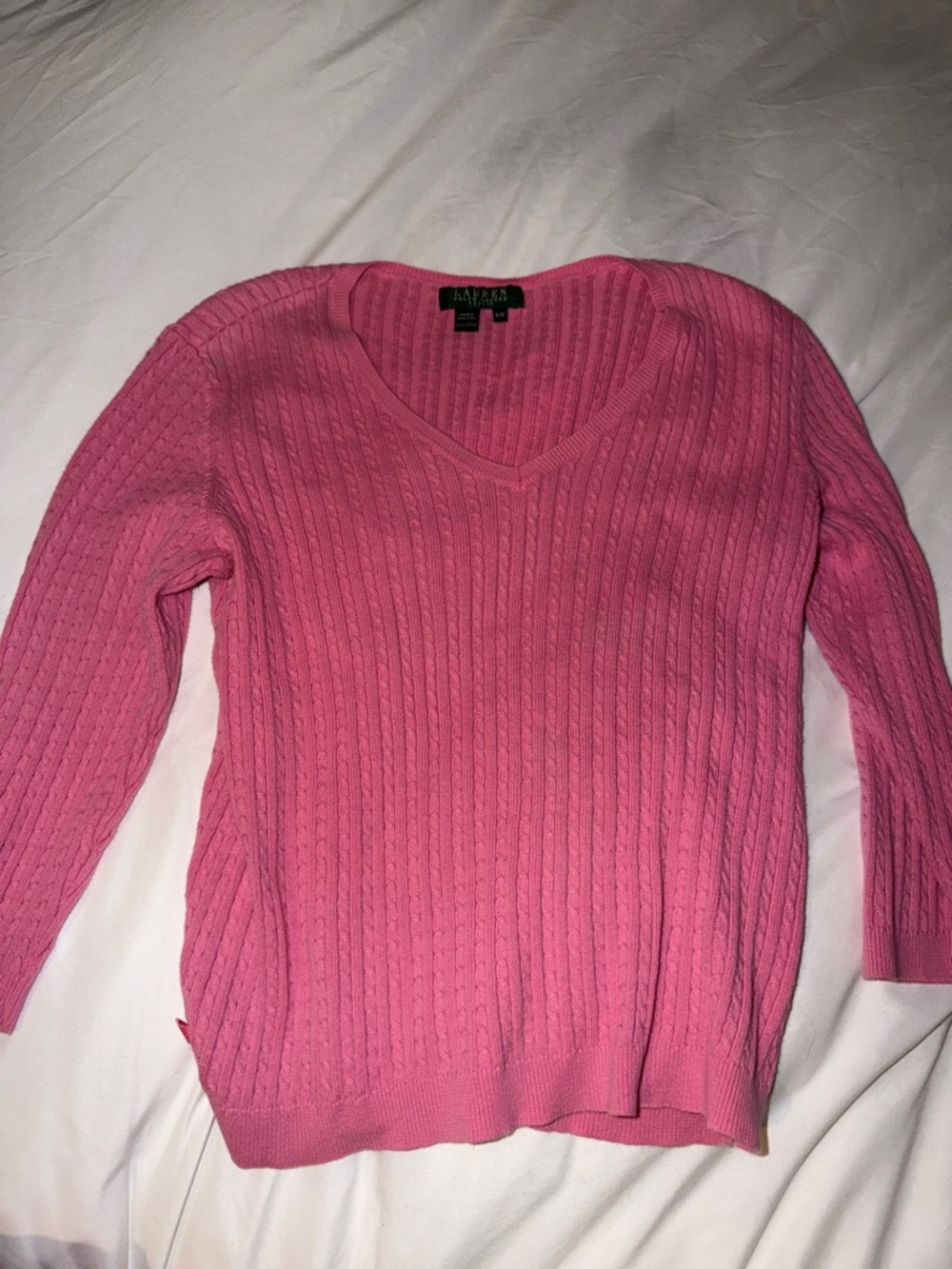 Ralph Lauren Hot Pink Cable-Knit V-Neck Sweater
